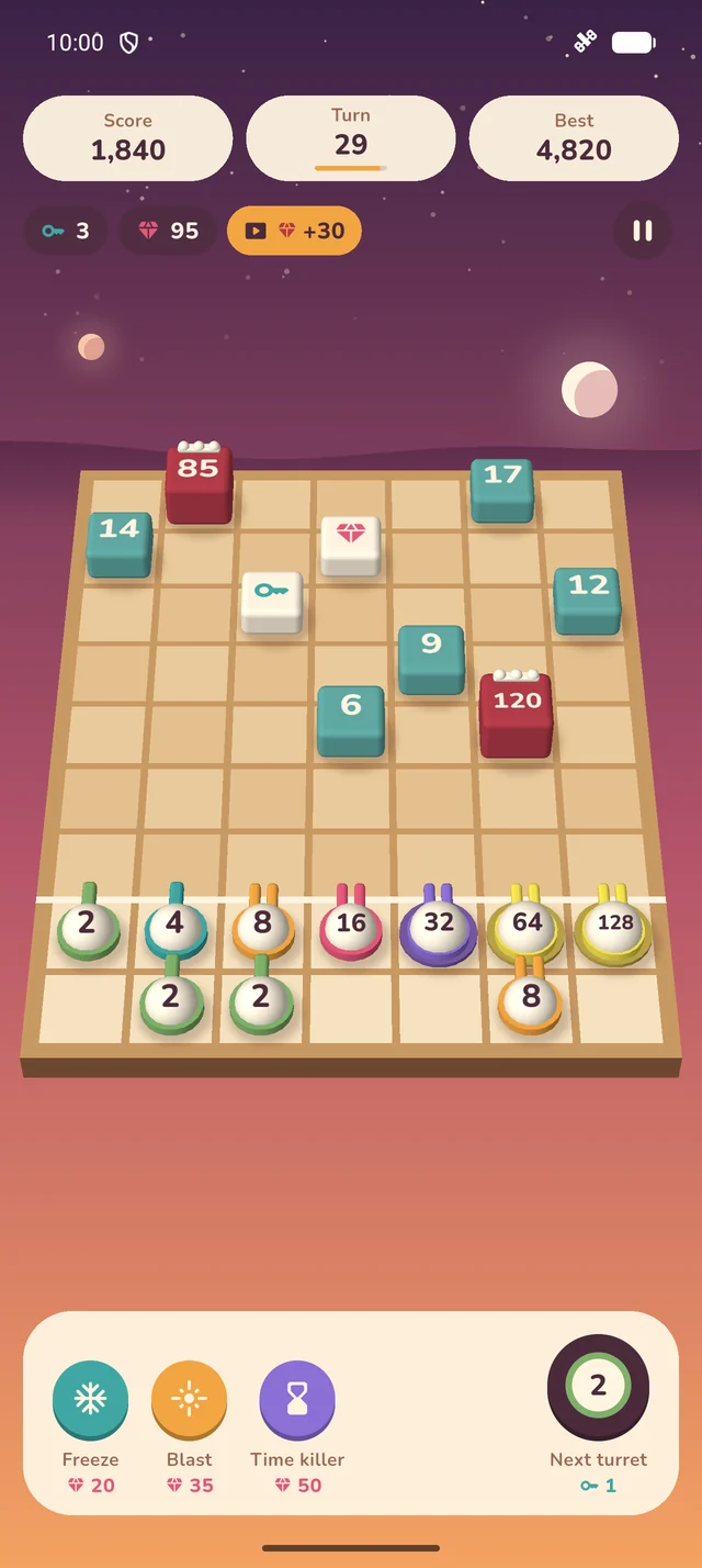 A busy board with turrets and blocks