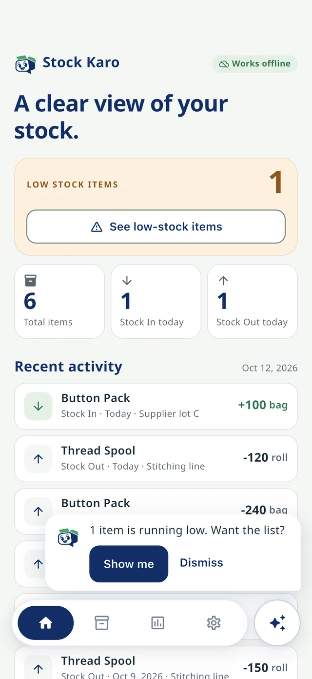 Dashboard with total items, low stock and today’s entries